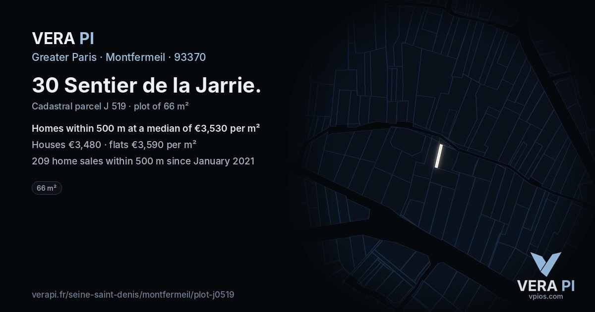 30 Sentier de la Jarrie, Montfermeil at night – the plot lit, the parcels around coloured by the prices near them