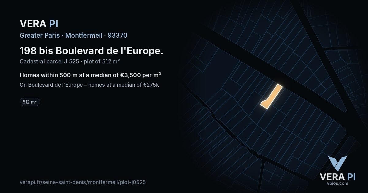 198 bis Boulevard de l'Europe, Montfermeil at night – the plot lit, the parcels around coloured by the prices near them