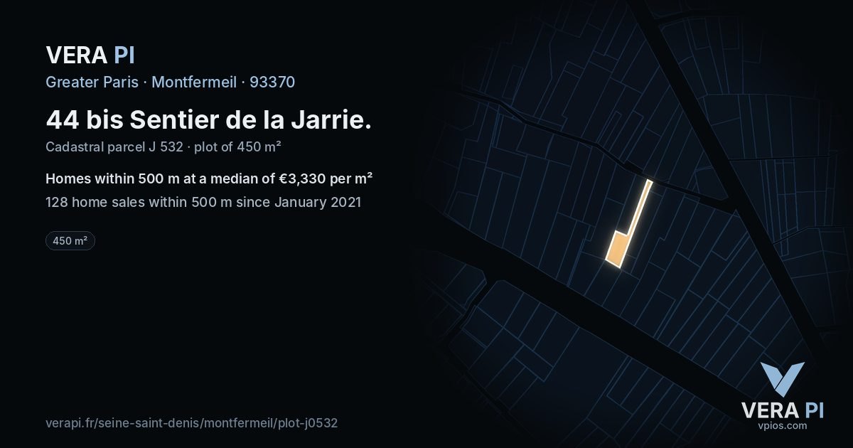 44 bis Sentier de la Jarrie, Montfermeil at night – the plot lit, the parcels around coloured by the prices near them