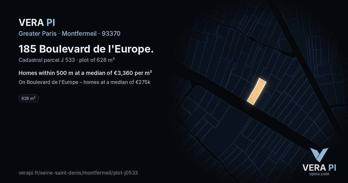 185 Boulevard de l'Europe, Montfermeil at night – the plot lit, the parcels around coloured by the prices near them