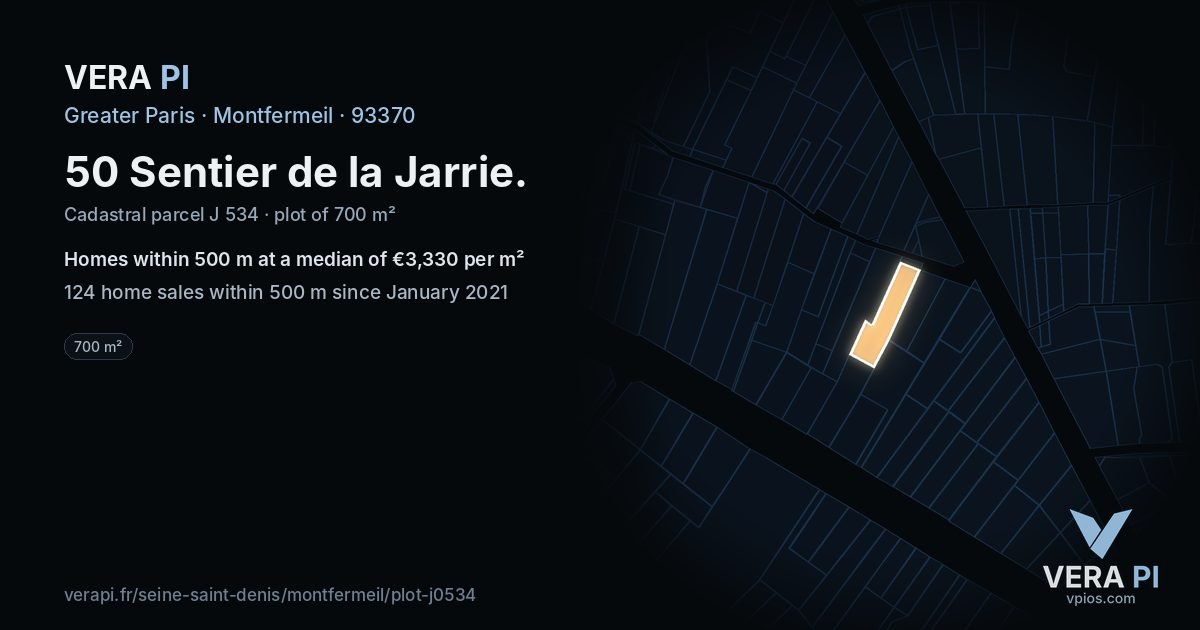 50 Sentier de la Jarrie, Montfermeil at night – the plot lit, the parcels around coloured by the prices near them