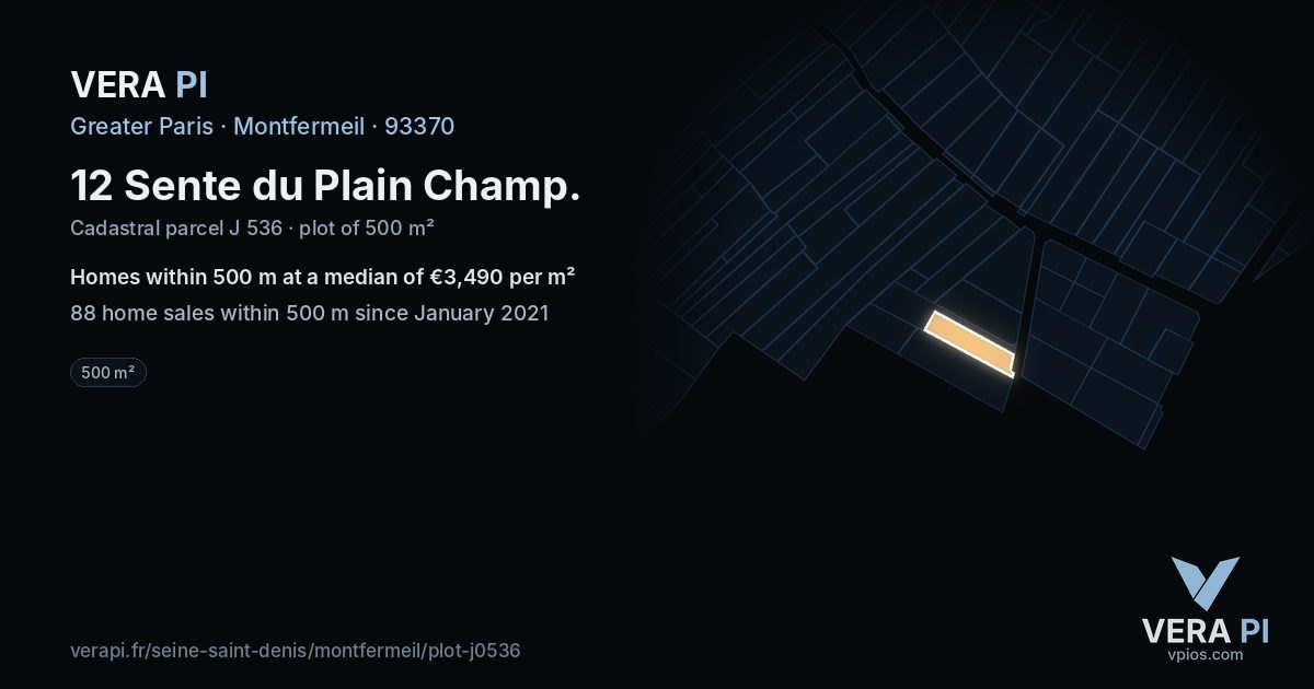 12 Sente du Plain Champ, Montfermeil at night – the plot lit, the parcels around coloured by the prices near them