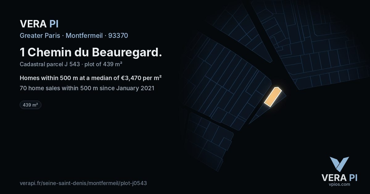 1 Chemin du Beauregard, Montfermeil at night – the plot lit, the parcels around coloured by the prices near them