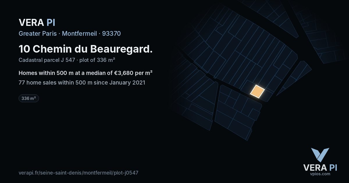10 Chemin du Beauregard, Montfermeil at night – the plot lit, the parcels around coloured by the prices near them