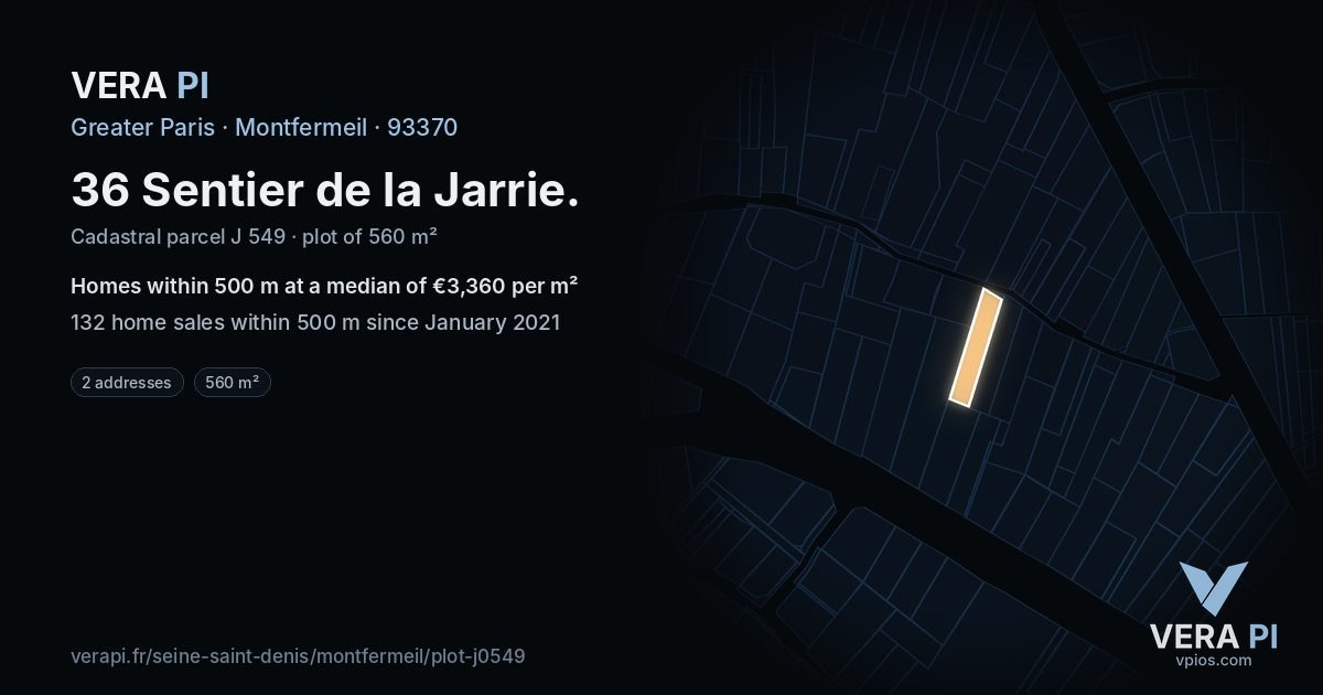 36 Sentier de la Jarrie, Montfermeil at night – the plot lit, the parcels around coloured by the prices near them