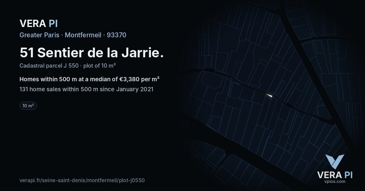 51 Sentier de la Jarrie, Montfermeil at night – the plot lit, the parcels around coloured by the prices near them