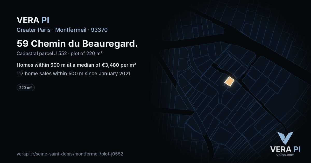 59 Chemin du Beauregard, Montfermeil at night – the plot lit, the parcels around coloured by the prices near them