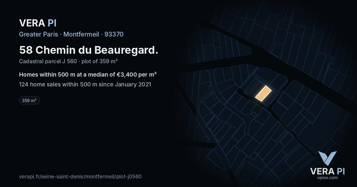 58 Chemin du Beauregard, Montfermeil at night – the plot lit, the parcels around coloured by the prices near them