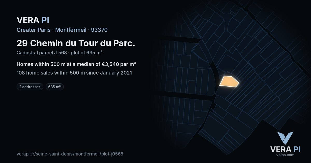 29 Chemin du Tour du Parc, Montfermeil at night – the plot lit, the parcels around coloured by the prices near them
