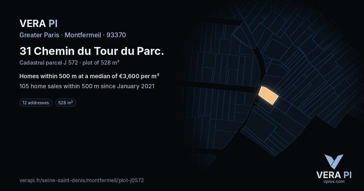 31 Chemin du Tour du Parc, Montfermeil at night – the plot lit, the parcels around coloured by the prices near them