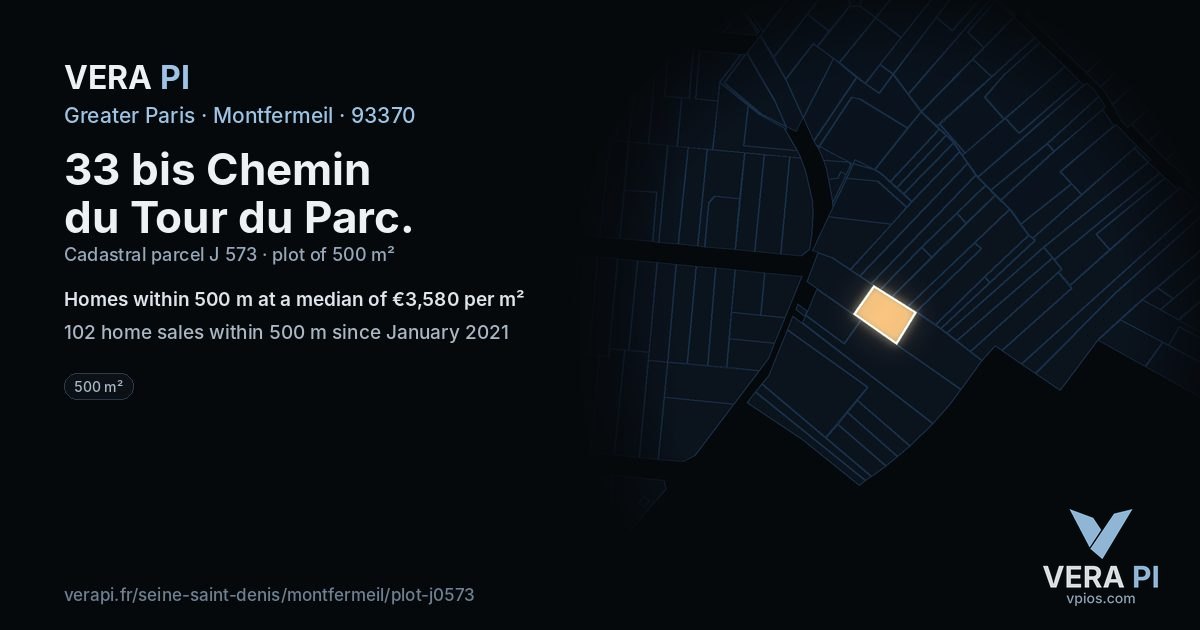 33 bis Chemin du Tour du Parc, Montfermeil at night – the plot lit, the parcels around coloured by the prices near them