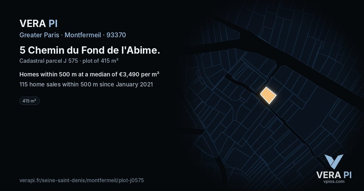 5 Chemin du Fond de l'Abime, Montfermeil at night – the plot lit, the parcels around coloured by the prices near them