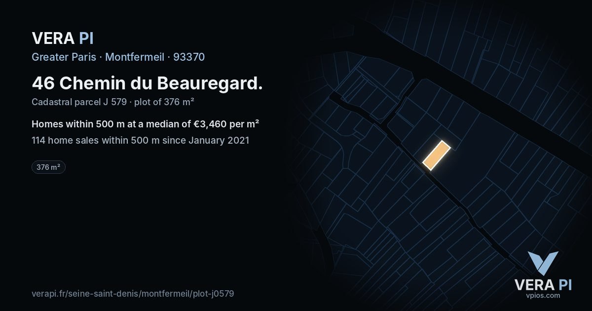 46 Chemin du Beauregard, Montfermeil at night – the plot lit, the parcels around coloured by the prices near them