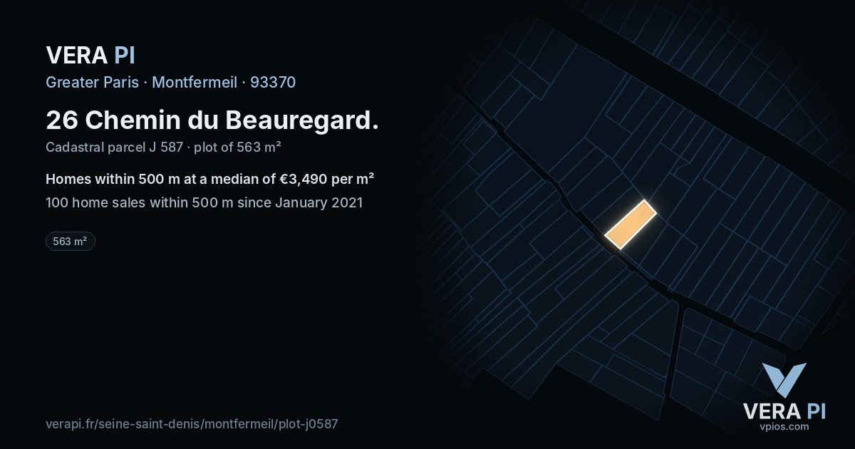 26 Chemin du Beauregard, Montfermeil at night – the plot lit, the parcels around coloured by the prices near them