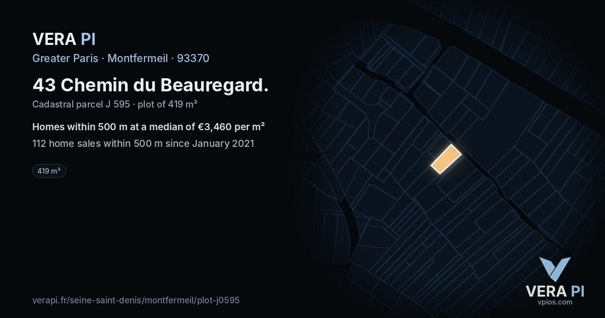 43 Chemin du Beauregard, Montfermeil at night – the plot lit, the parcels around coloured by the prices near them