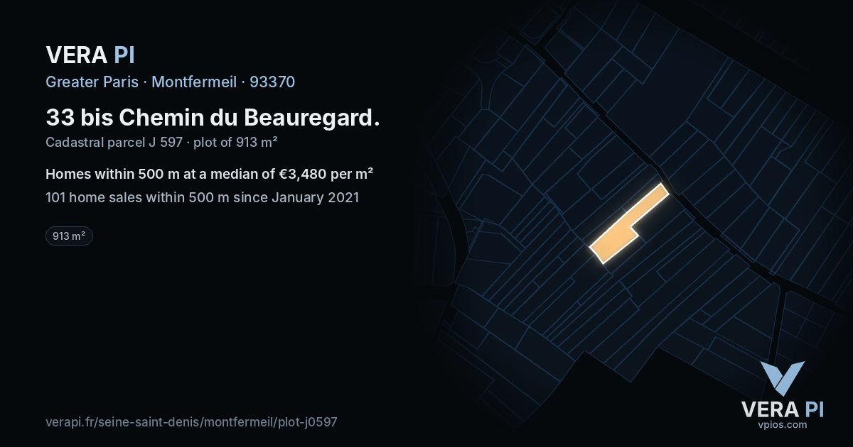 33 bis Chemin du Beauregard, Montfermeil at night – the plot lit, the parcels around coloured by the prices near them