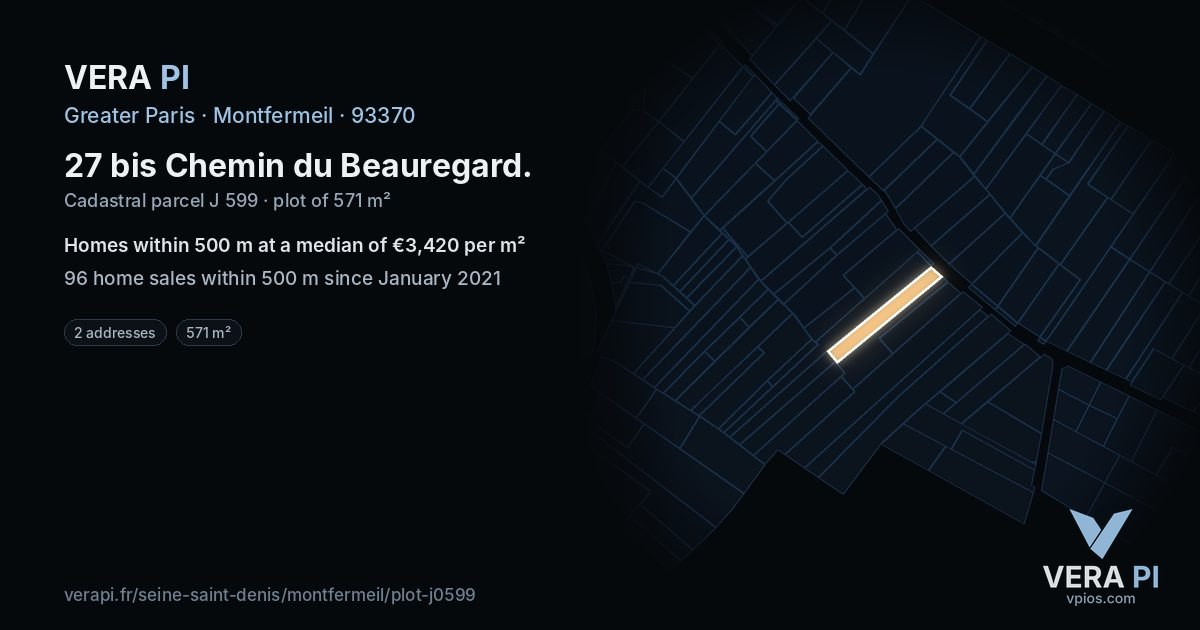 27 bis Chemin du Beauregard, Montfermeil at night – the plot lit, the parcels around coloured by the prices near them