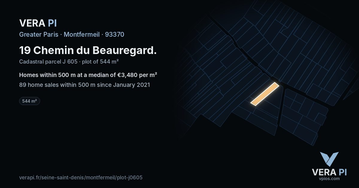 19 Chemin du Beauregard, Montfermeil at night – the plot lit, the parcels around coloured by the prices near them