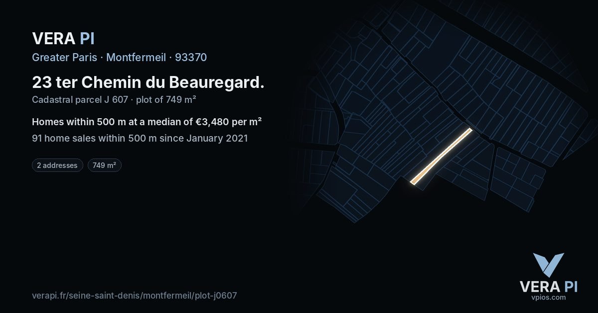23 ter Chemin du Beauregard, Montfermeil at night – the plot lit, the parcels around coloured by the prices near them