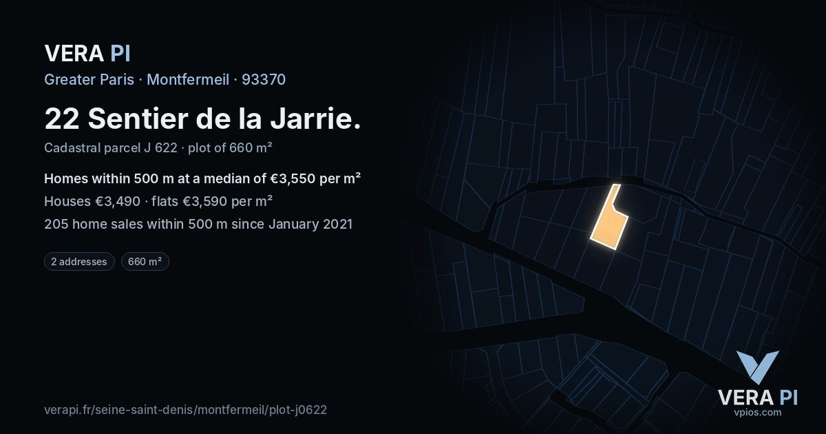 22 Sentier de la Jarrie, Montfermeil at night – the plot lit, the parcels around coloured by the prices near them