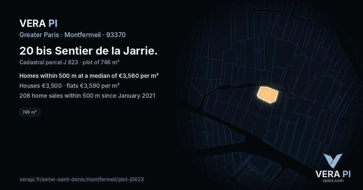 20 bis Sentier de la Jarrie, Montfermeil at night – the plot lit, the parcels around coloured by the prices near them