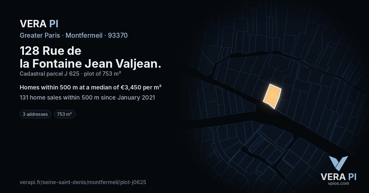 128 Rue de la Fontaine Jean Valjean, Montfermeil at night – the plot lit, the parcels around coloured by the prices near them