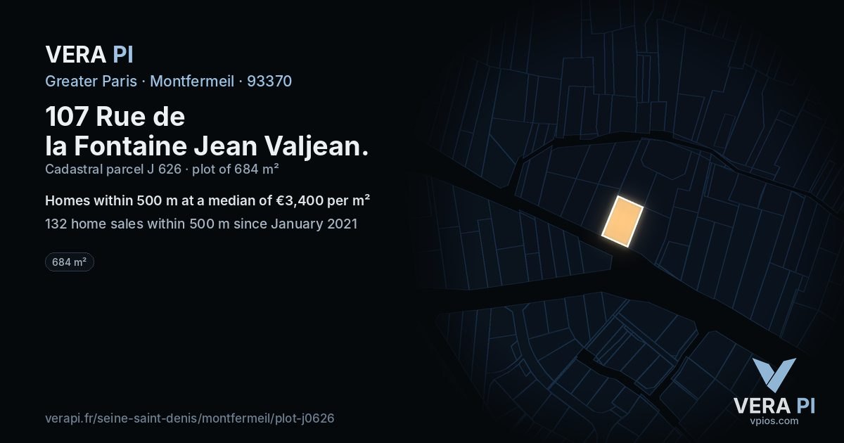 107 Rue de la Fontaine Jean Valjean, Montfermeil at night – the plot lit, the parcels around coloured by the prices near them