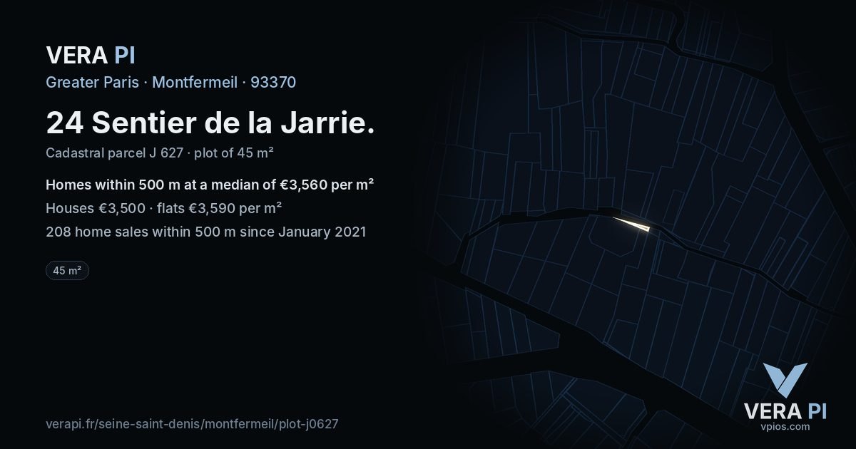 24 Sentier de la Jarrie, Montfermeil at night – the plot lit, the parcels around coloured by the prices near them