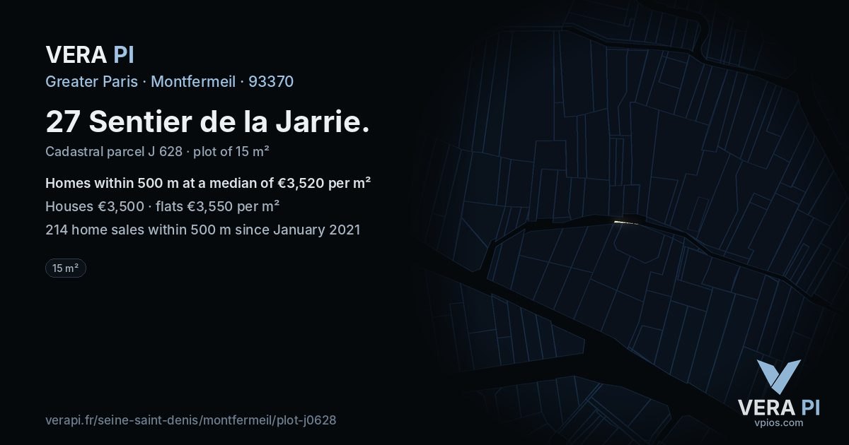 27 Sentier de la Jarrie, Montfermeil at night – the plot lit, the parcels around coloured by the prices near them