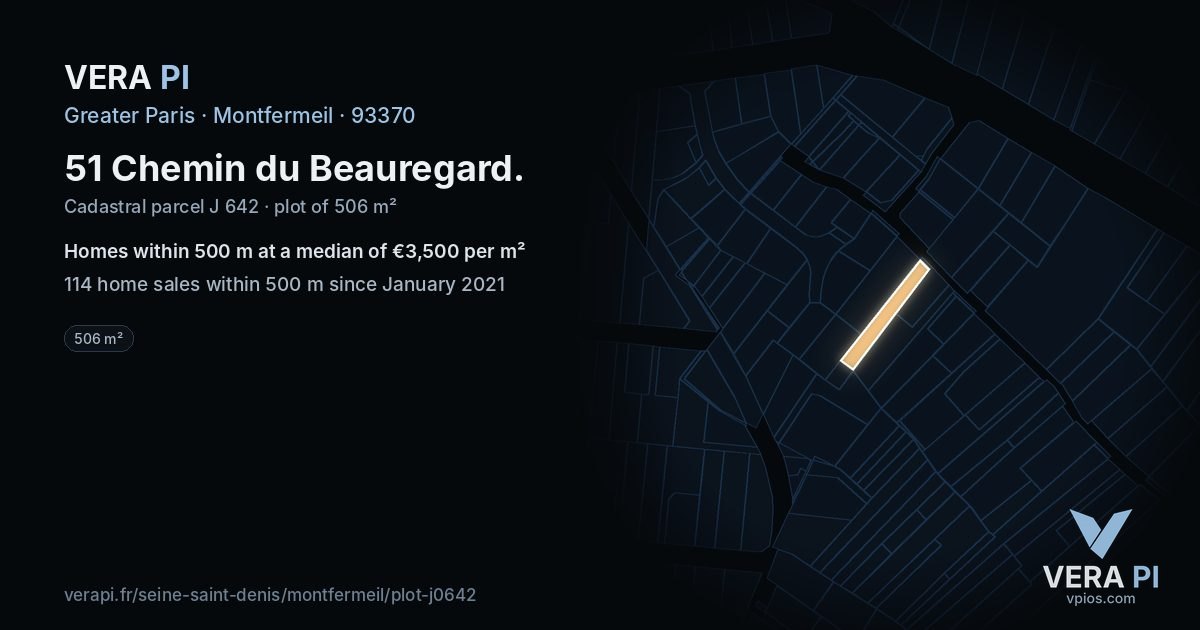51 Chemin du Beauregard, Montfermeil at night – the plot lit, the parcels around coloured by the prices near them
