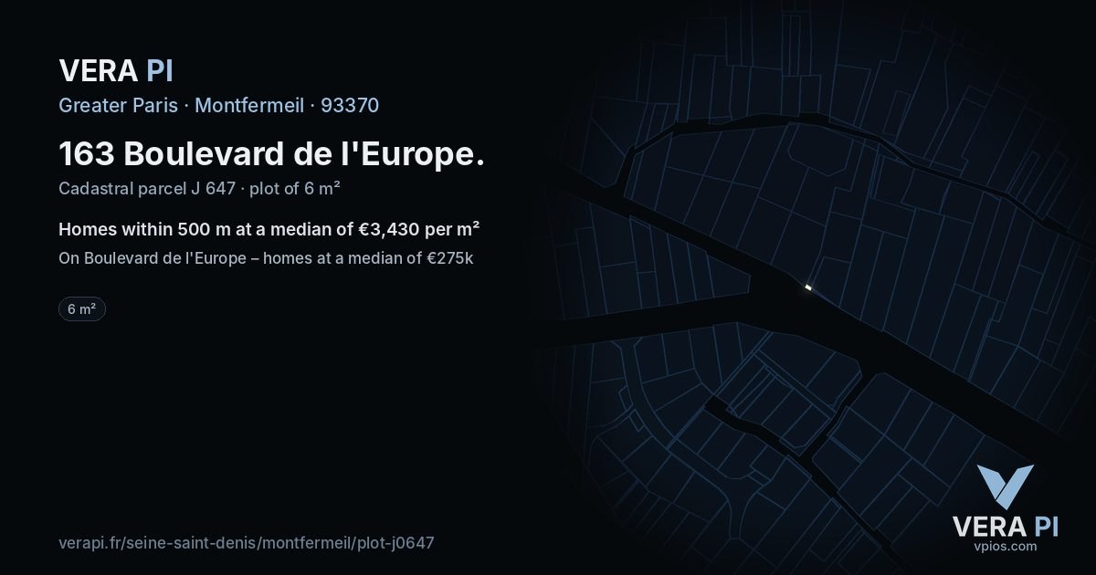 163 Boulevard de l'Europe, Montfermeil at night – the plot lit, the parcels around coloured by the prices near them