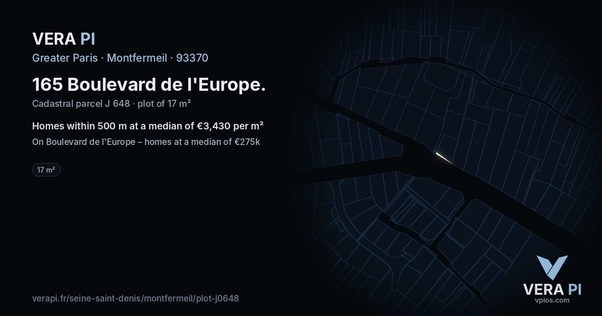 165 Boulevard de l'Europe, Montfermeil at night – the plot lit, the parcels around coloured by the prices near them