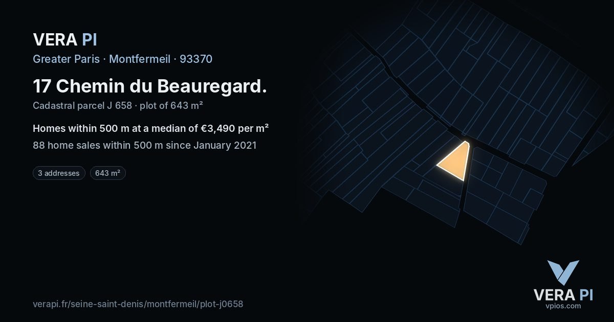 17 Chemin du Beauregard, Montfermeil at night – the plot lit, the parcels around coloured by the prices near them