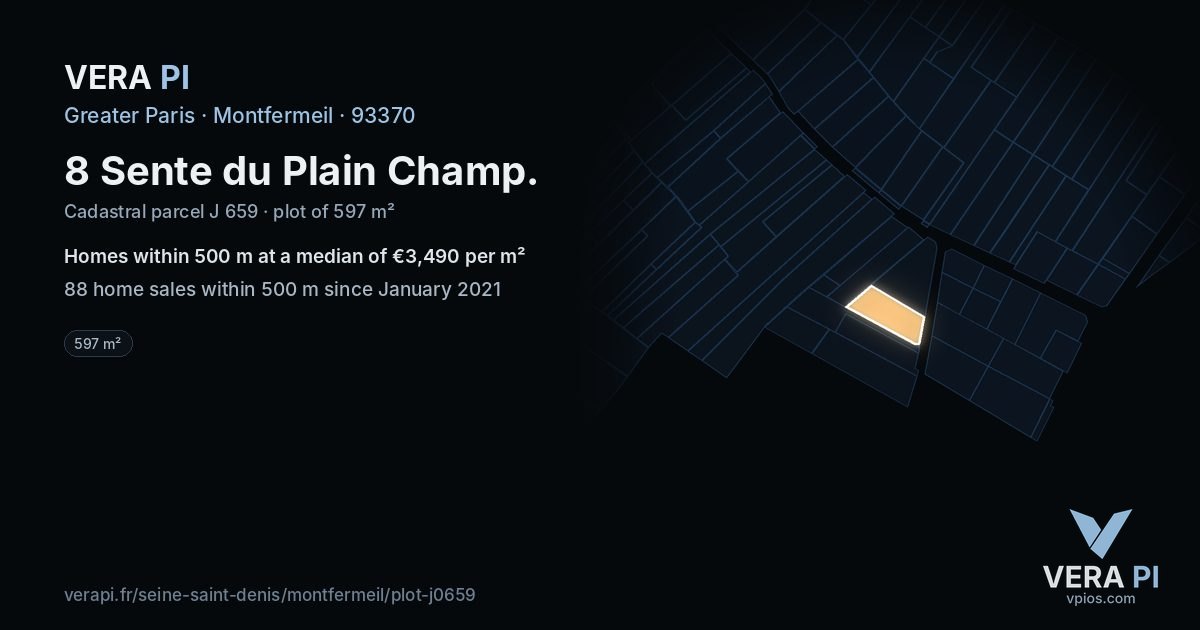 8 Sente du Plain Champ, Montfermeil at night – the plot lit, the parcels around coloured by the prices near them