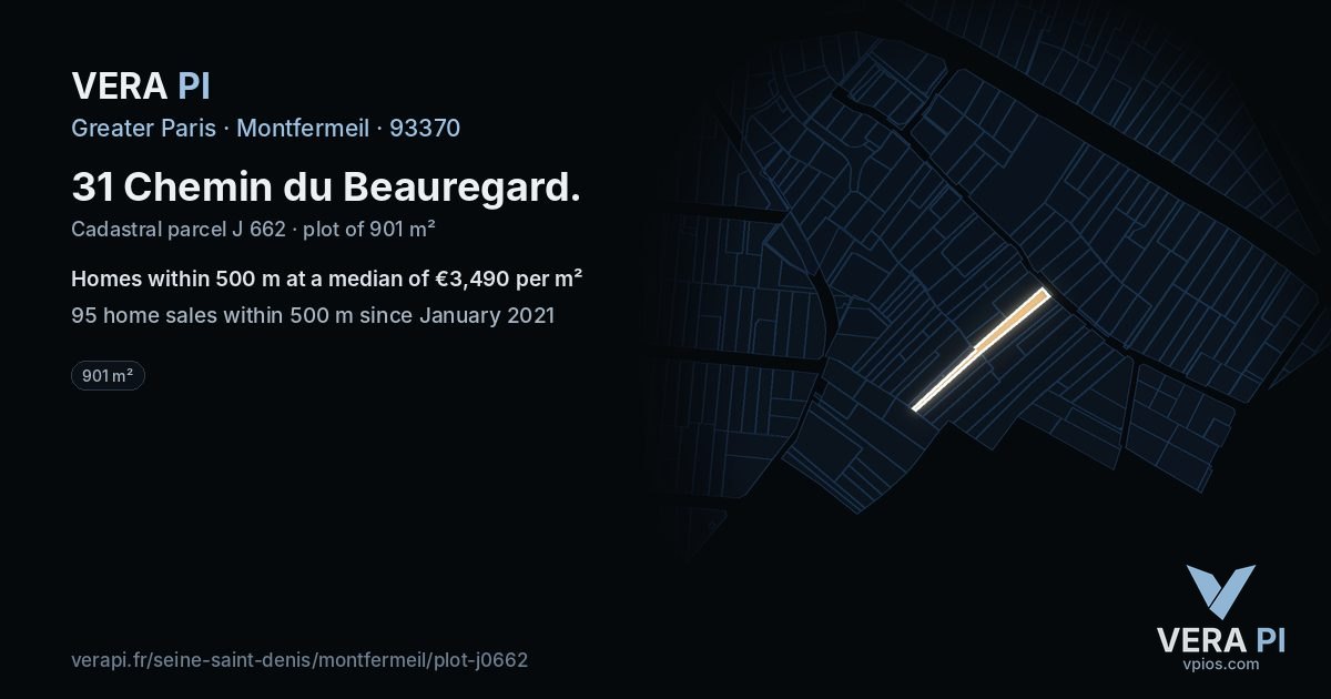 31 Chemin du Beauregard, Montfermeil at night – the plot lit, the parcels around coloured by the prices near them