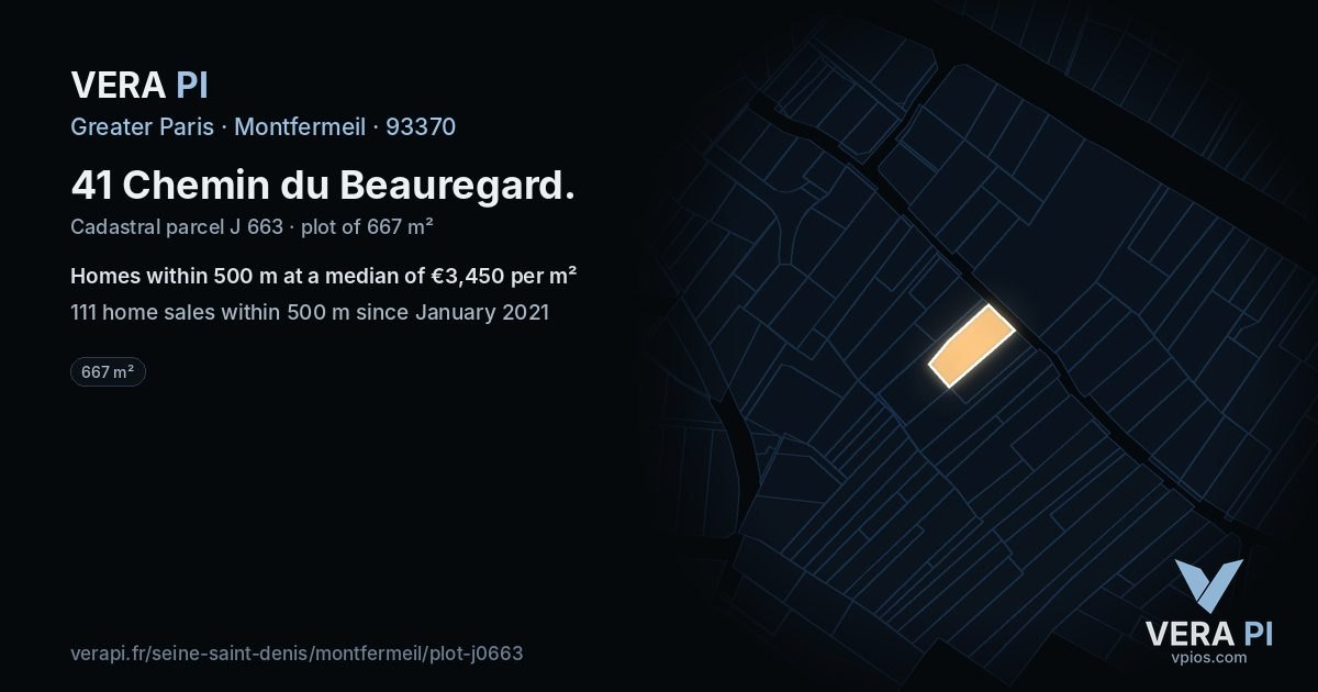 41 Chemin du Beauregard, Montfermeil at night – the plot lit, the parcels around coloured by the prices near them