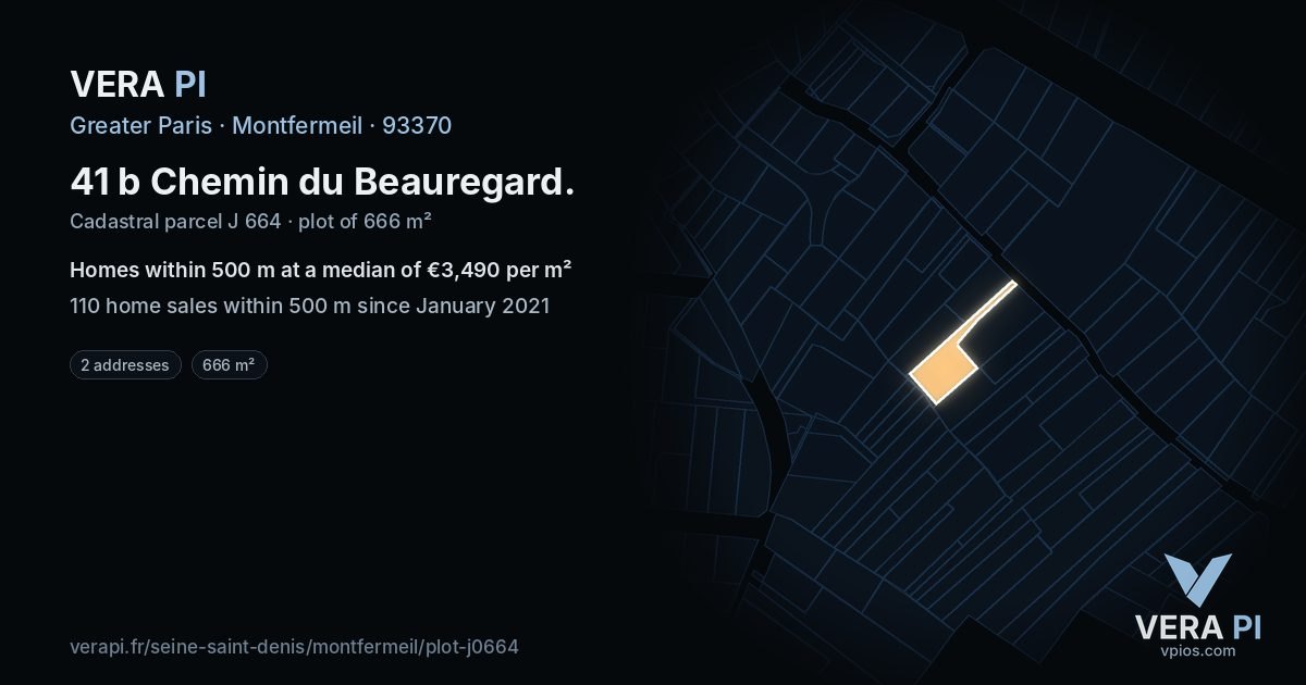 41 b Chemin du Beauregard, Montfermeil at night – the plot lit, the parcels around coloured by the prices near them