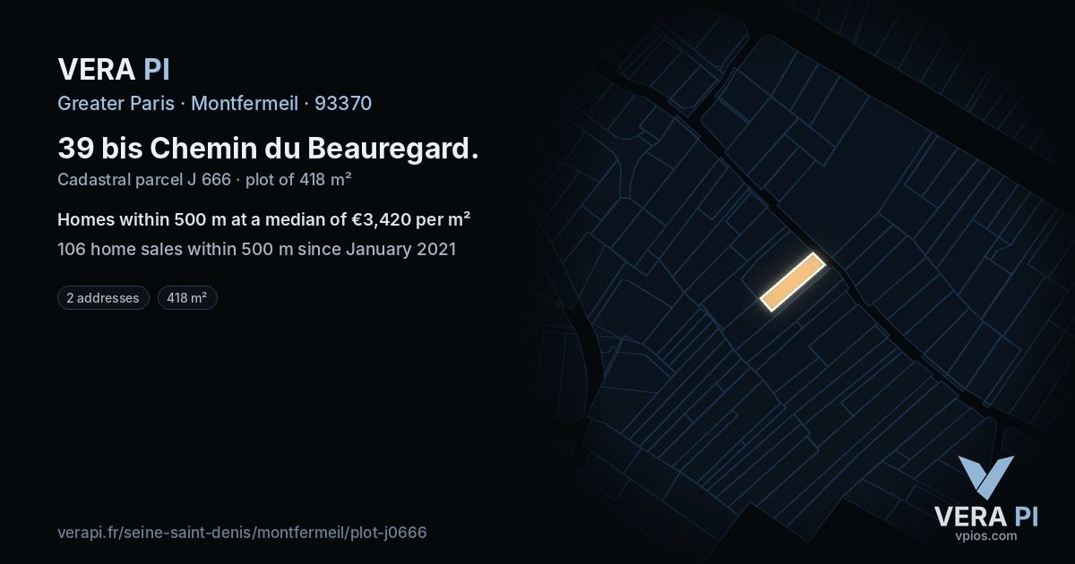 39 bis Chemin du Beauregard, Montfermeil at night – the plot lit, the parcels around coloured by the prices near them