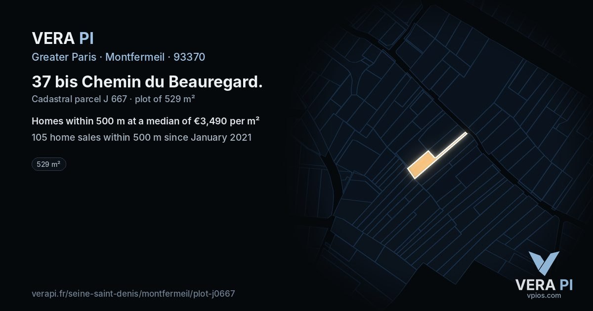 37 bis Chemin du Beauregard, Montfermeil at night – the plot lit, the parcels around coloured by the prices near them