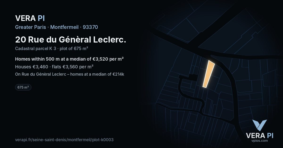 20 Rue du Génèral Leclerc, Montfermeil at night – the plot lit, the parcels around coloured by the prices near them