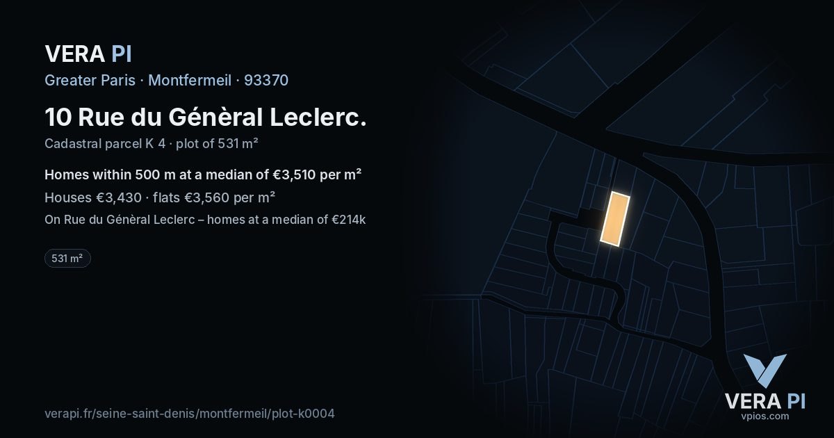 10 Rue du Génèral Leclerc, Montfermeil at night – the plot lit, the parcels around coloured by the prices near them