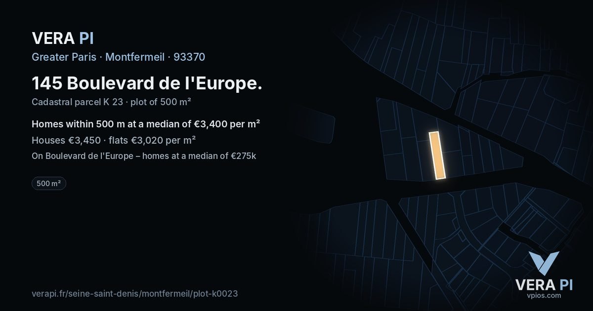 145 Boulevard de l'Europe, Montfermeil at night – the plot lit, the parcels around coloured by the prices near them