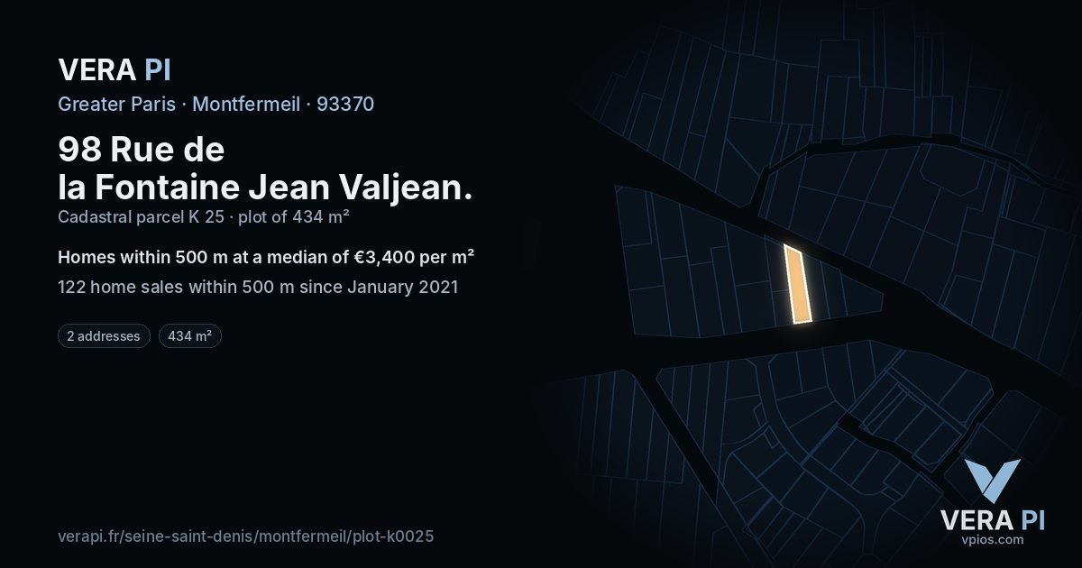 98 Rue de la Fontaine Jean Valjean, Montfermeil at night – the plot lit, the parcels around coloured by the prices near them