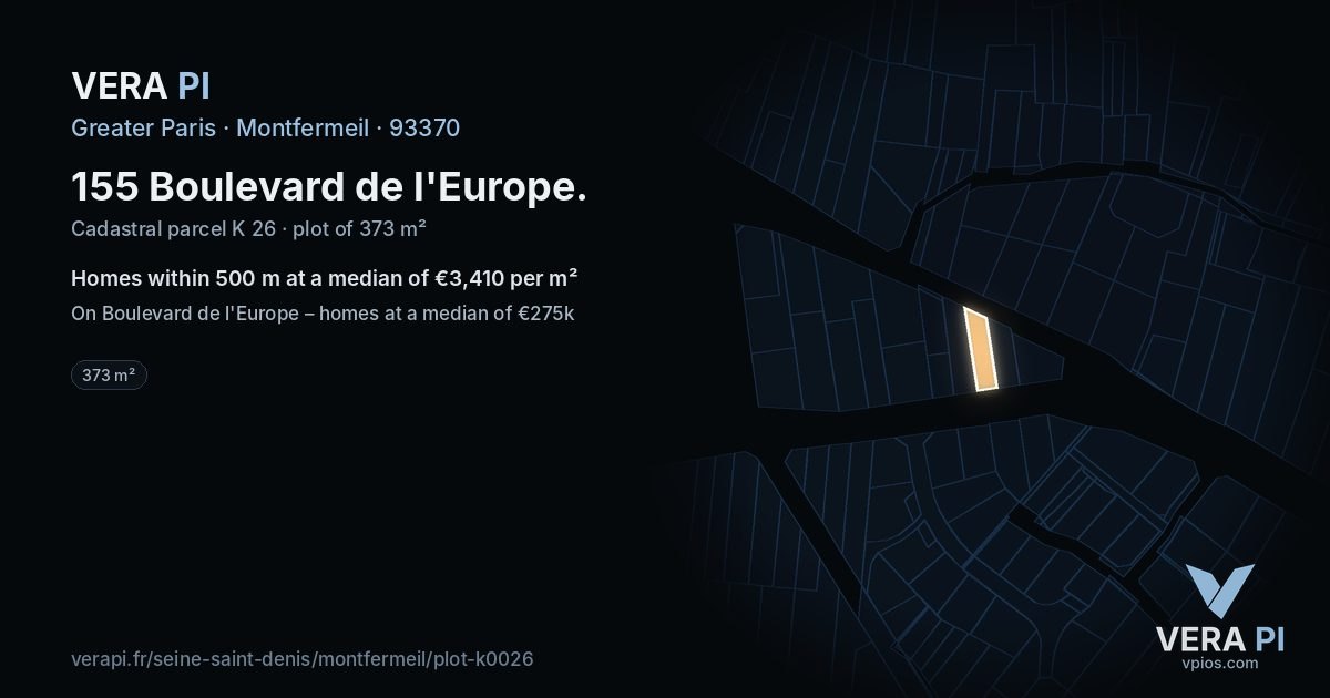155 Boulevard de l'Europe, Montfermeil at night – the plot lit, the parcels around coloured by the prices near them