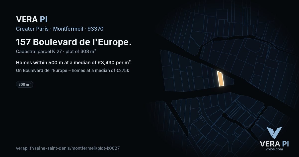 157 Boulevard de l'Europe, Montfermeil at night – the plot lit, the parcels around coloured by the prices near them