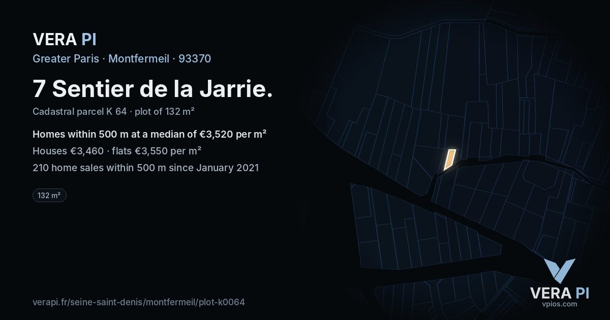 7 Sentier de la Jarrie, Montfermeil at night – the plot lit, the parcels around coloured by the prices near them