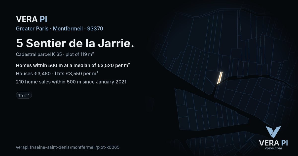 5 Sentier de la Jarrie, Montfermeil at night – the plot lit, the parcels around coloured by the prices near them