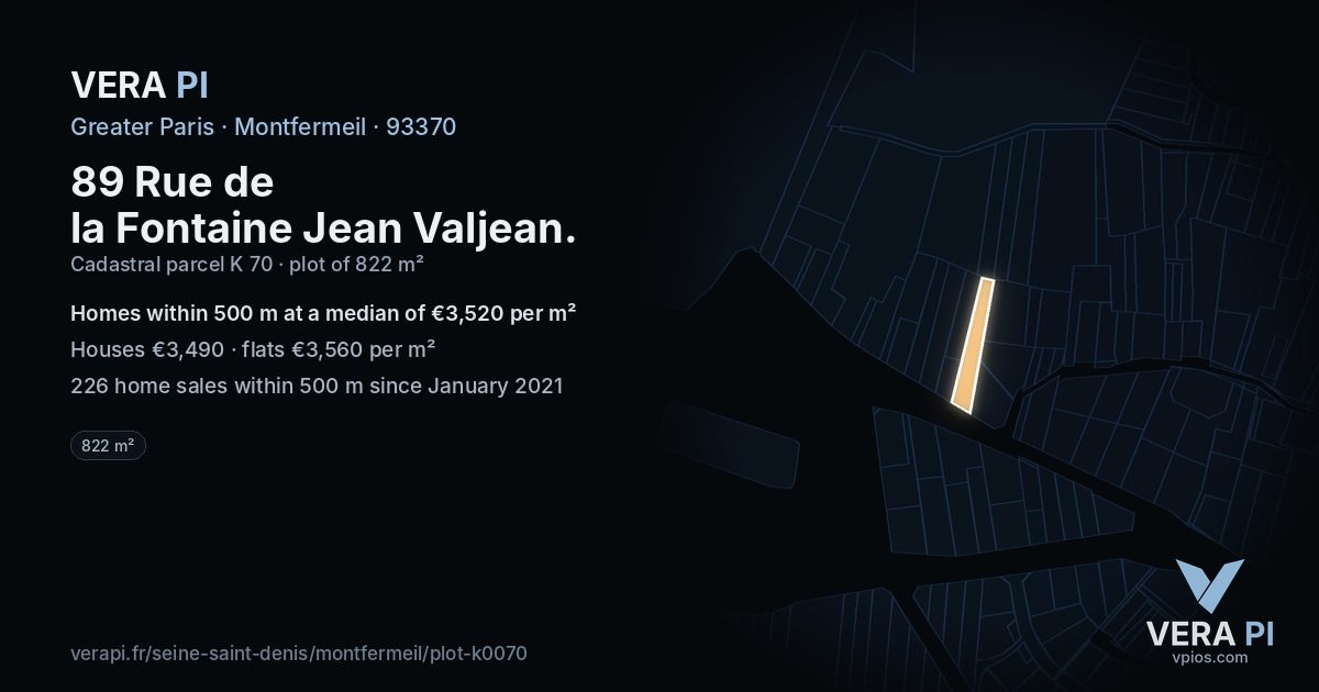 89 Rue de la Fontaine Jean Valjean, Montfermeil at night – the plot lit, the parcels around coloured by the prices near them