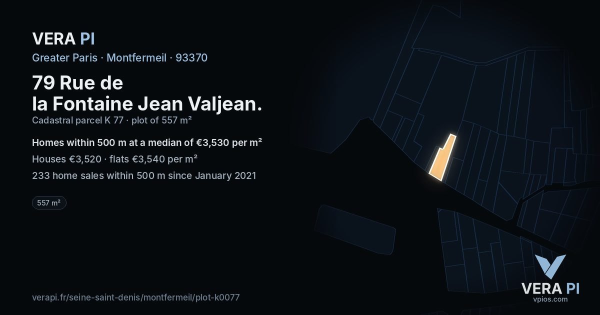 79 Rue de la Fontaine Jean Valjean, Montfermeil at night – the plot lit, the parcels around coloured by the prices near them