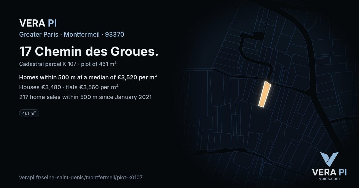 17 Chemin des Groues, Montfermeil at night – the plot lit, the parcels around coloured by the prices near them